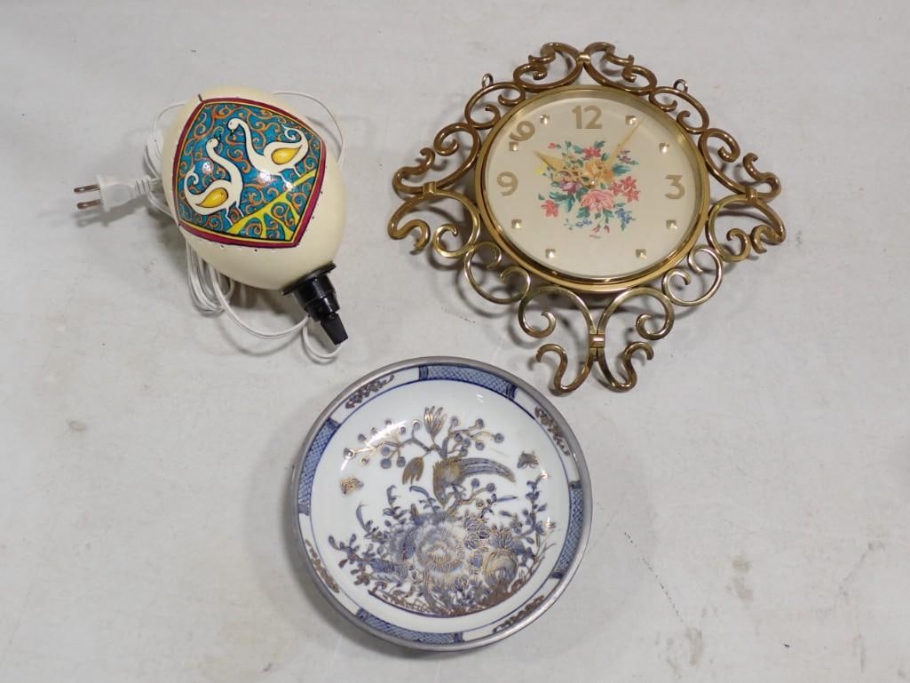 Vintage Lot including Swiss wind up wall clock, Japanese Porcelain plate, Signed Egg Lamp - Nili Lah (1 of 8)