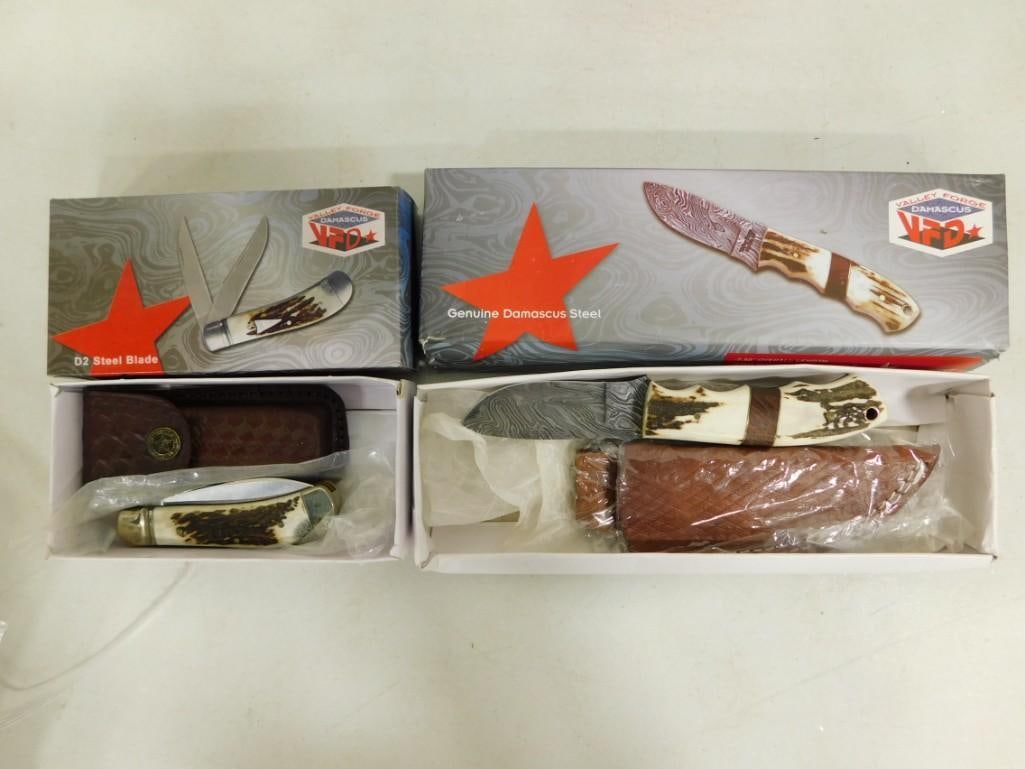2 Valley Forge Damascus Steel Knives incl Pocket Knife and Knife with Leather Sheath: 2 Valley Forge Damascus Steel Knives incl Pocket Knife and Knife with Leather Sheath