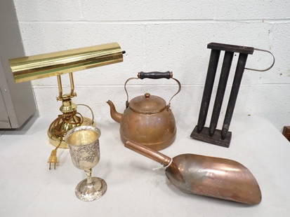 Collectibles incl Antique Candle Mold, Copper Grain Scoop, Copper Tea Kettle, Brass Piano Lamp or Li: Collectibles incl Antique Candle Mold, Copper Grain Scoop, Copper Tea Kettle, Brass Piano Lamp or Light, Silver Plated Goblet