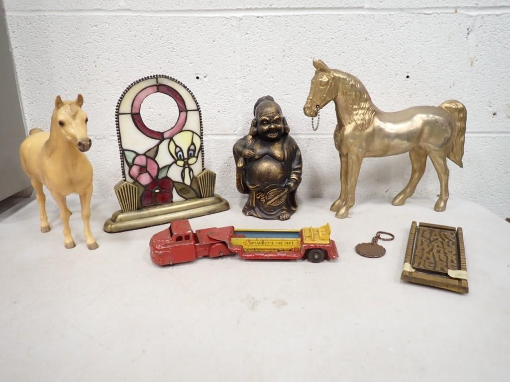 Collectibles lot including Stained Glass Tweety Bird, Horses, Budda, Wyandotte Fir Truck, etc. (1 of 7)