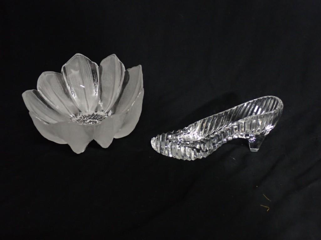 A Mats Jonasson for Kosta Boda Water Lily Glass Bowl and a Galway Crystal High Heel Shoe: A Mats Jonasson for Kosta Boda Water Lily Glass Bowl and a Galway Crystal High Heel Shoe