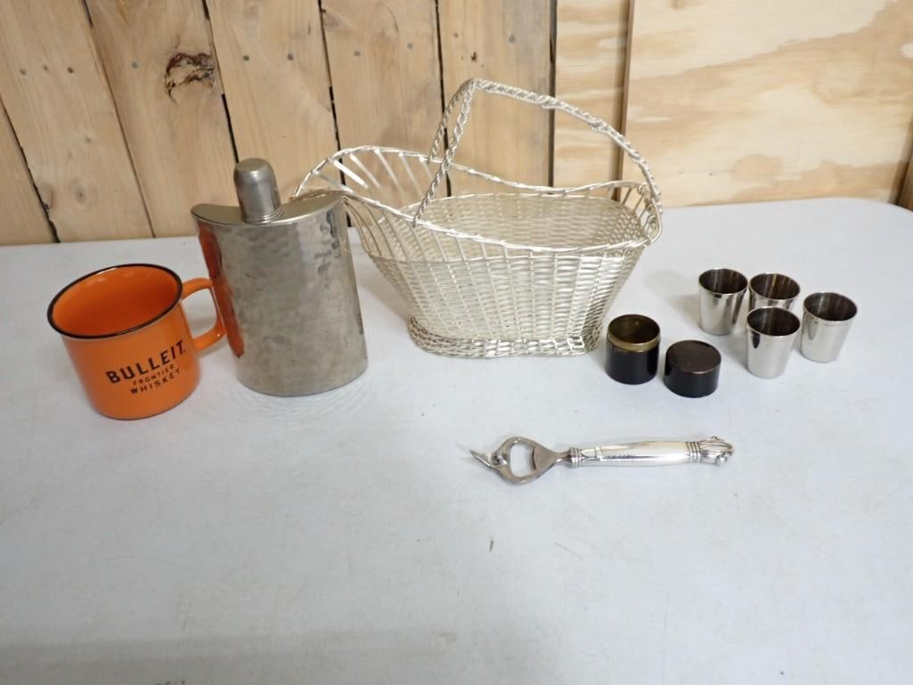 A Group of Bar Accessories: Web Sterling Silver Handled Bottle Opener, Bulleit Boubon Orange Mug,: A Group of Bar Accessories: Web Sterling Silver Handled Bottle Opener, Bulleit Bourbon Orange Mug, William Adams French Woven silverplate wine bottle caddy/basket, a German AHS hammered silverplate 10