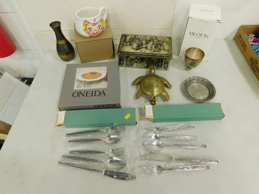 Collectibles incl Brass Turtle, Campbell's Soup Kid Mug, Metal Vase, Utensils, metal Vase,: Collectibles incl Brass Turtle, Campbell's Soup Kid Mug, Metal Vase, Utensils, metal Vase, Oneida wine coaster, Block Crystal Candle Holder or Vase etc