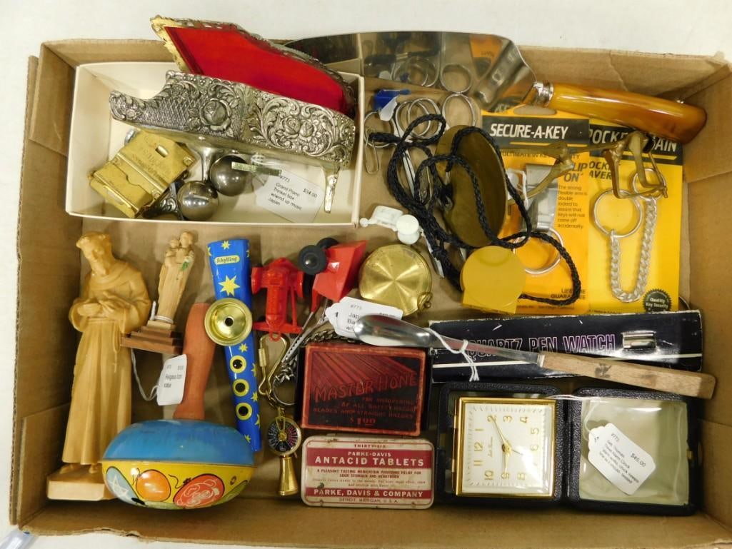 Lot of Vintage Smalls incl Figures, Noisemaker, Pillbox, etc: Lot of Vintage Smalls incl Figures, Noisemaker, Pillbox, etc Condition: piano trinket box has a leg broken off, but the leg is included