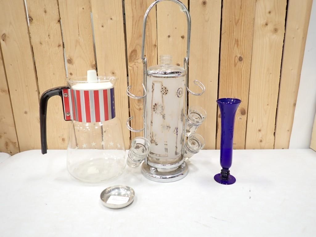 MCM Coffee Carafe, Decanter with 3 Shot Glasses, Cobalt Blue Vase: Vintage Lot incl MCM Coffee Carafe, Decanter with 3 Shot Glasses, Cobalt Blue Vase
