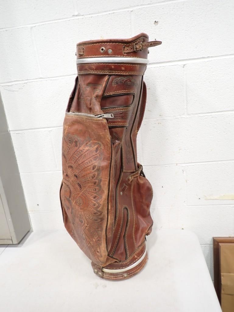 Vintage Leather Golf Bag with Native American type Design: Vintage Leather Golf Bag with Native American type Design