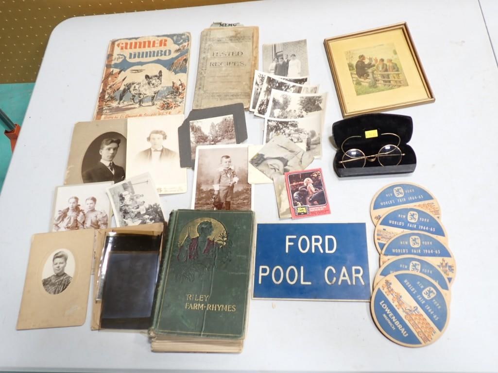 Ephemera Lot including New York World's Fair Coasters, Old Books, Antique Photos, Ford Pool Car Sign (1 of 8)