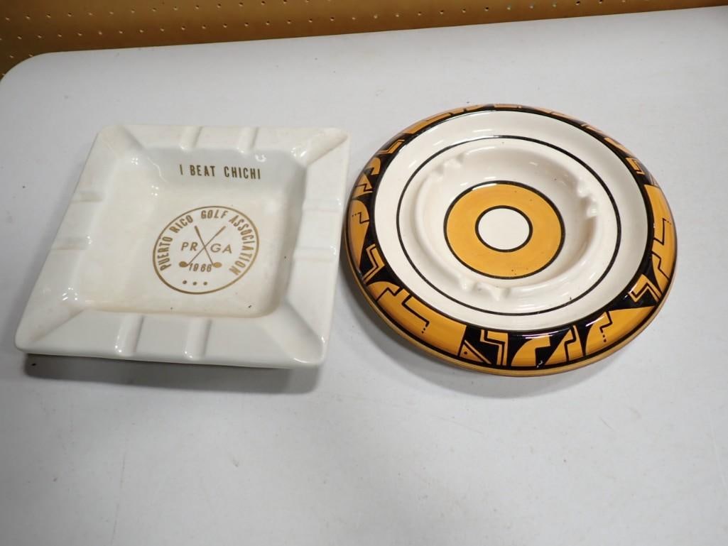 Two Vintage Ashtrays including Ceramic Signed by Gina Baron and a 1966 Puerto Rico Golf Association: Two Vintage Ashtrays including Ceramic Signed by Gina Baron and a 1966 Puerto Rico Golf Association