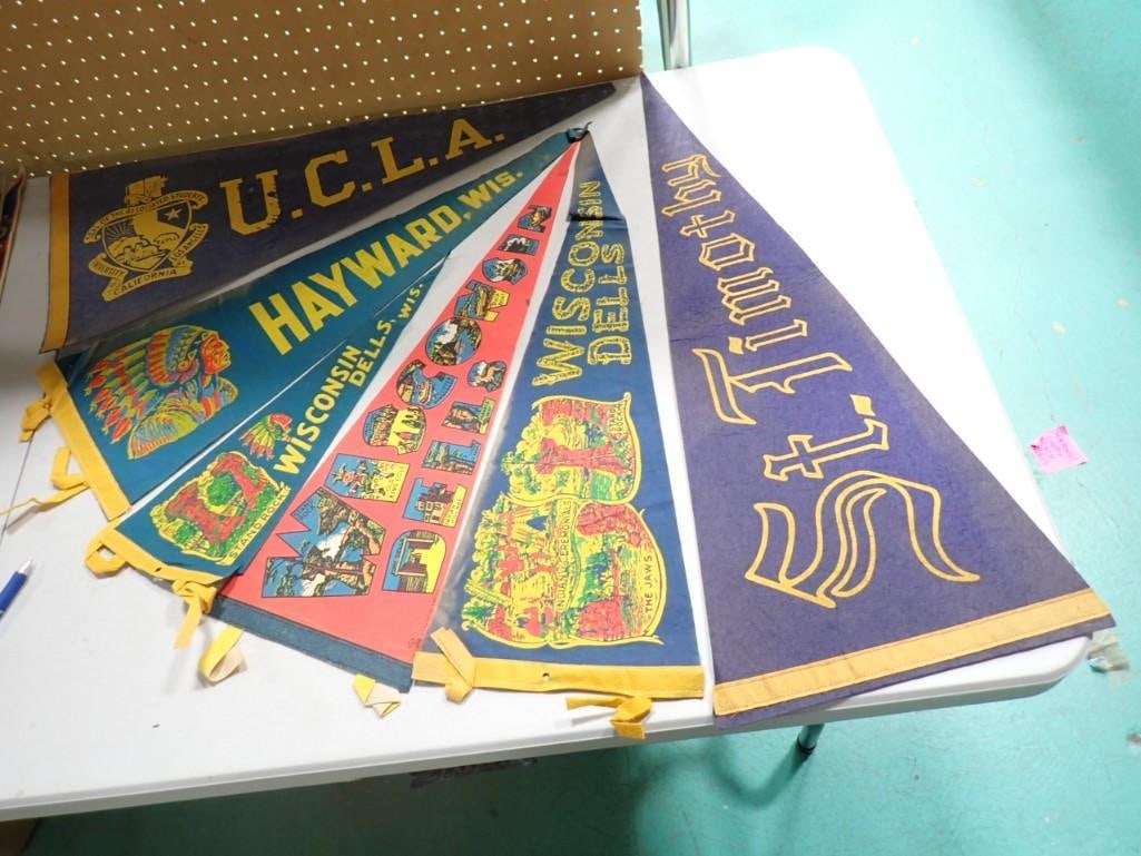 Assorted Vintage Pennants including Hayward Wisconsin, WI Dells, St. Timothy, UCLA (1 of 5)