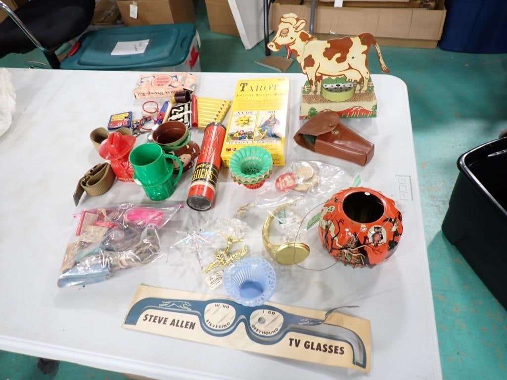 Smalls lot including Cow, Whistles, Tarot Cards, Steve Allen TV Glasses, Pick-Up Sticks, 15 Puzzle, (1 of 12)