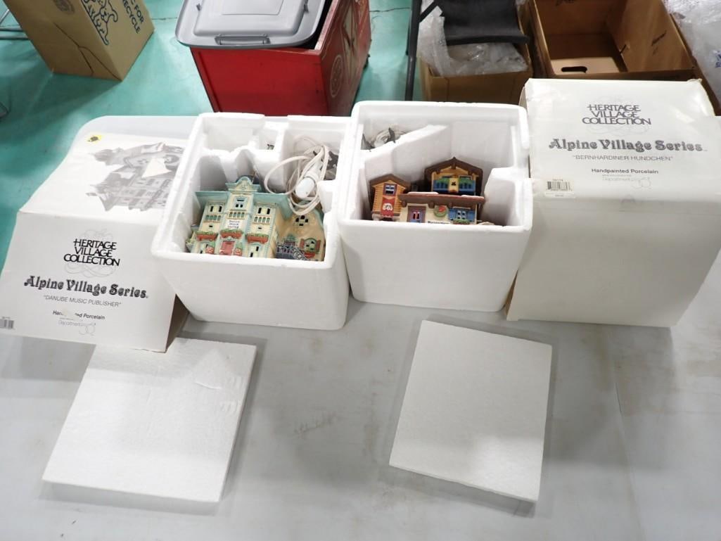 Dept 56 Alpine Village Series "Danube Music Publisher" and "Bernhardiner Hundchen": Deptartment 56 Alpine Village Series "Danube Music Publisher" and "Bernhardiner Hundchen" with boxes