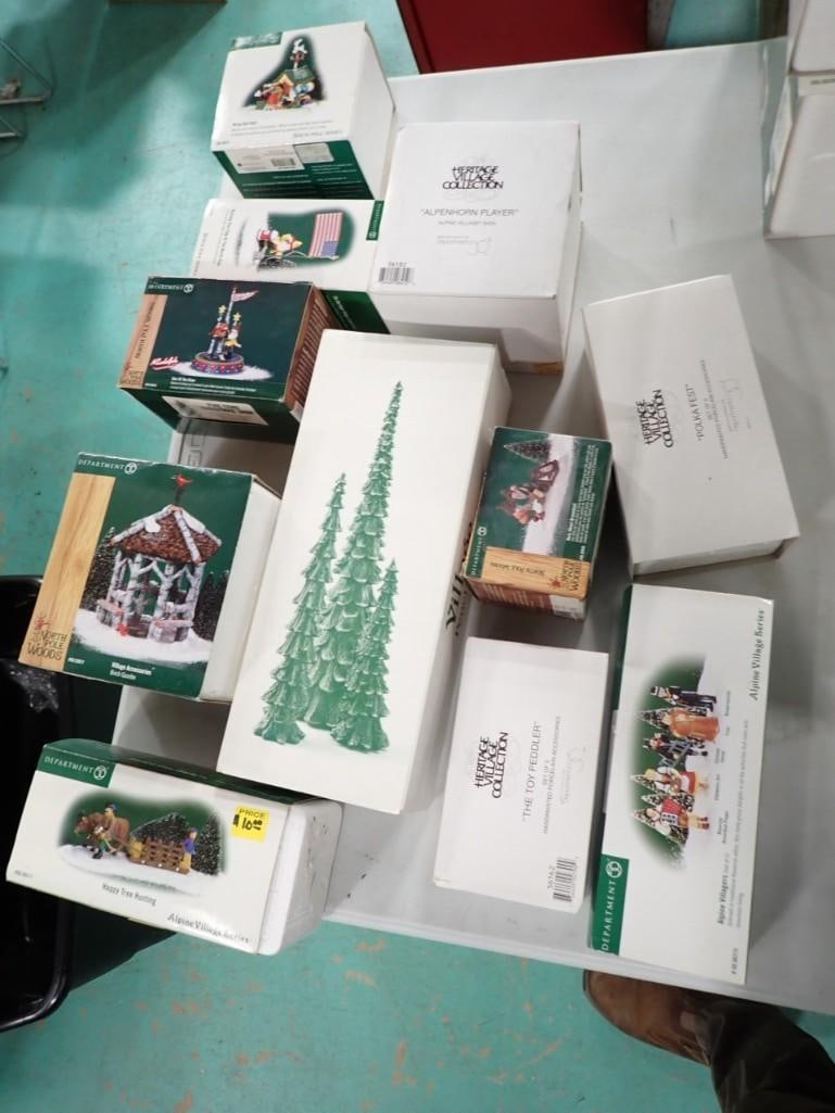 Lot of assorted Dept 56 accessories, etc. including Alpine Village Series villagers, birch Gazebo, P: Lot of assorted Dept 56 accessories, etc. including Alpine Village Series villagers, birch Gazebo, Polka Fest, Toy Peddler, etc.