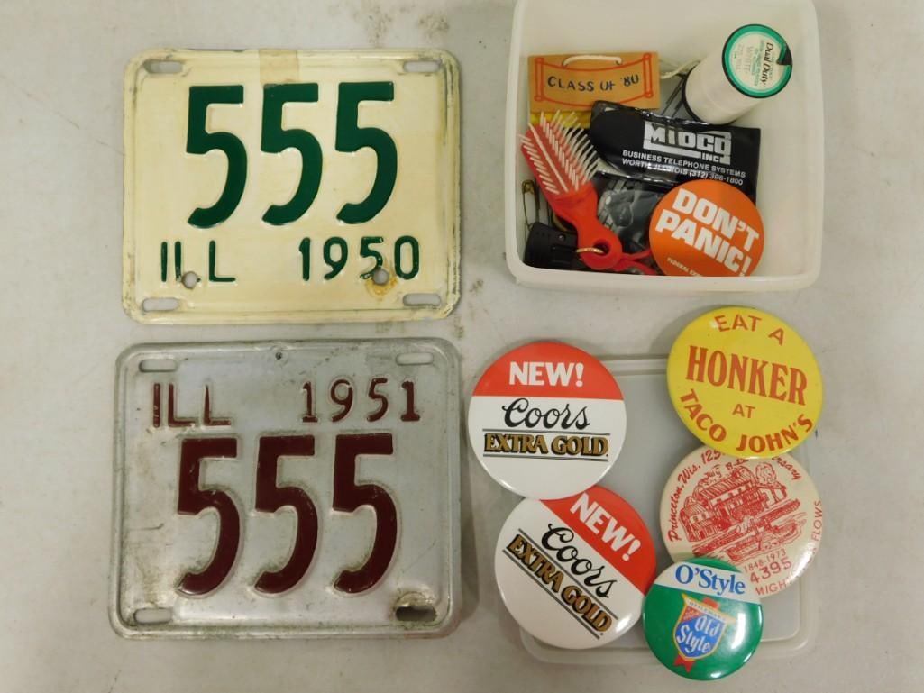Lot of Smalls incl 2 Vintage 1950s Motorcycle License Plates, Buttons, Etc (1 of 5)