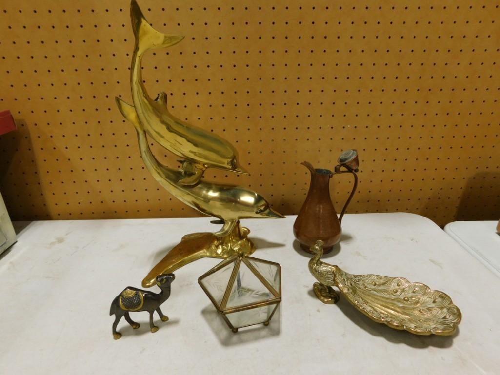 Metal Decor Lot incl Brass Dolphin Statue, Brass Peacock Trinket Dish, Camel Figure, etc (1 of 7)