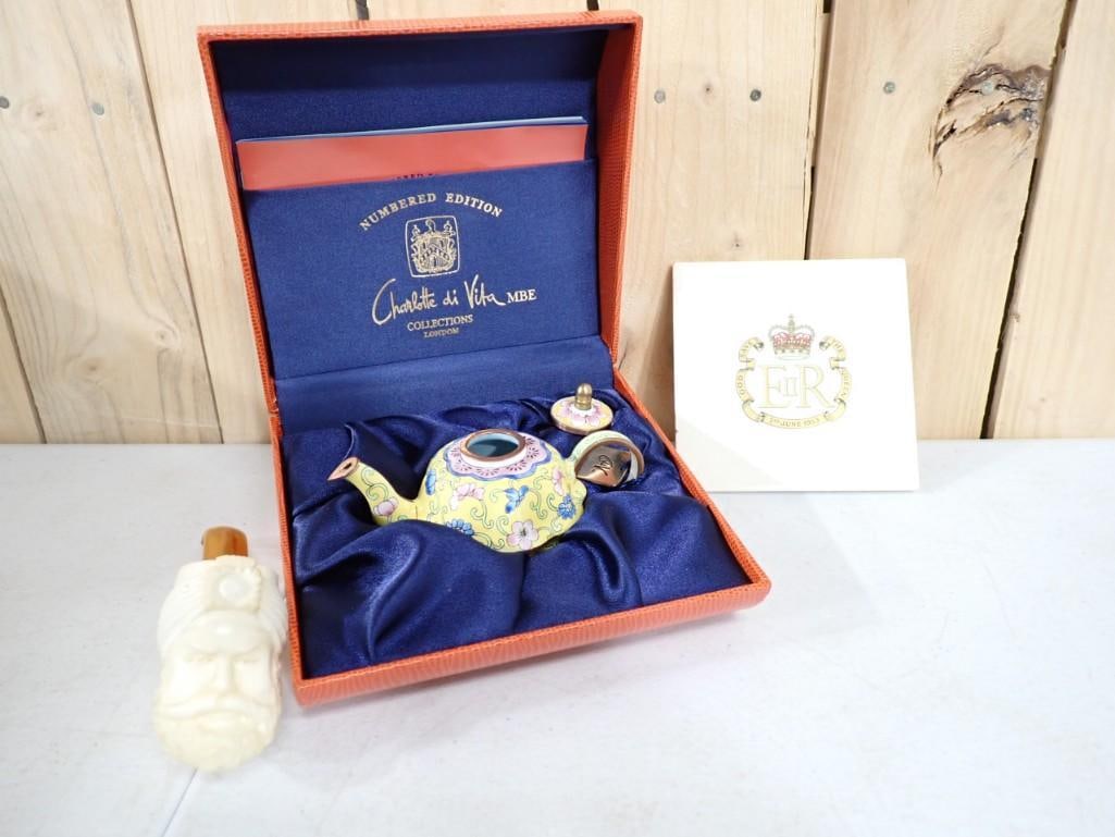 Charlotte Di Vita Miniature Enameled Teapot Yellow Pumpkin with box, Turkish Meerschaum Carved Pipe, (1 of 10)