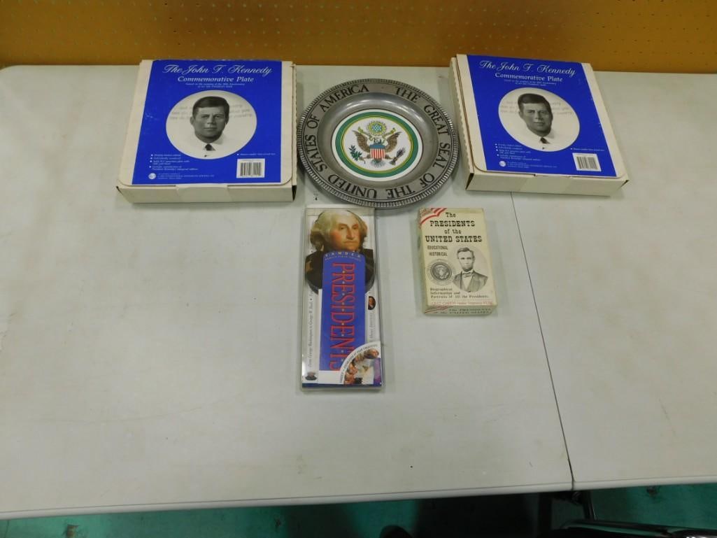 Presidential Collectibles incl 2 JFK Plates, Presidents Cards, Etc: Presidential Collectibles incl 2 JFK Plates, Presidents Cards, Etc. Card sets are not checked for completeness