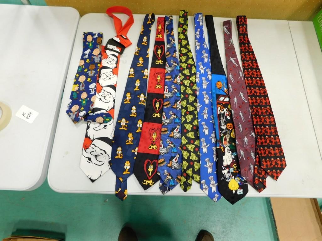 Lot of Neckties incl Warner Bros, The Peanuts, Pillsbury Doughboy, The Tinman, Garfield, Elmo, Etc: Lot of Neckties incl Warner Bros, The Peanuts, Pillsbury Doughboy, The Tinman, Garfield, Elmo, Popeye, The Grinch, Etc
