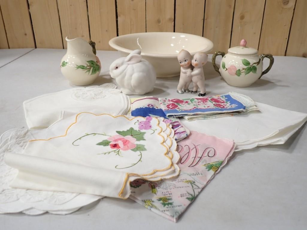Vintage Linens, Kewpie Figurine, McCoy Mixing Bowl, Cybis Porcelain Bunny,: Vintage Linens, Kewpie Figurine, McCoy Mixing Bowl, Cybis Porcelain Bunny, Franciscan Creamer and Sugar Bowl