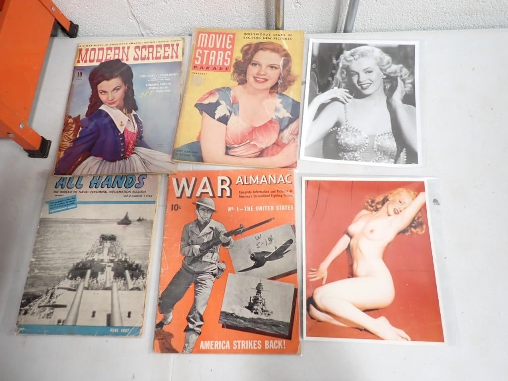 Ephemera Lot including Marilyn Monroe Photos, Old magazines with Judy Garland, War Almanac, Modern: Ephemera Lot including Marilyn Monroe Photos, Old magazines with Judy Garland, War Almanac, Modern Screen, etc.