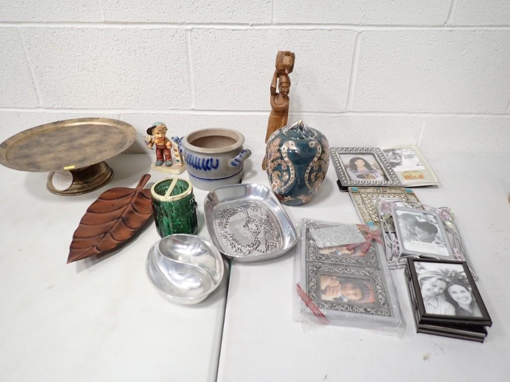 Decor lot including Carved Wood Figure, Stamped Bowl, Mercury Glass Brush Holder, Picture Frames, (1 of 8)