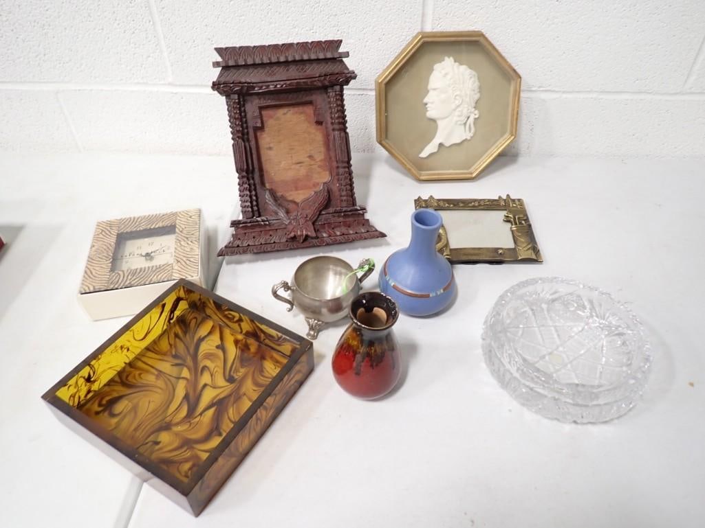 Decor lot including Resin Caspari napkin holder, Crystal bowl, Safari clock, Ceramic Vase (1 of 8)