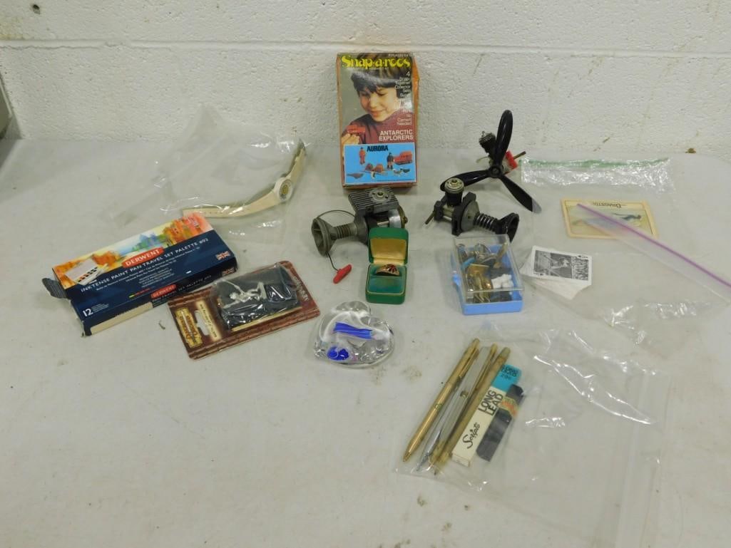 Misc Lot incl Cuff Links, Ring, Pens, Cox Motor, Mini Figurines, Art Glass Paperweight, Etc (1 of 8)
