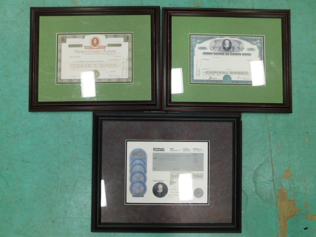3 Framed Vintage Stock Certificated incl Bell Atlantic, American Telephone and Telegraph, Franklin: 3 Framed Vintage Stock Certificated incl Bell Atlantic, American Telephone and Telegraph, Franklin Custodian Funds . 20.5" x 16.5"