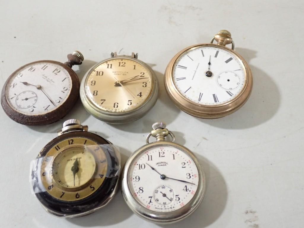 Vintage Pocket Watches incl New Haven, Elgin, Westclox, and Ingersoll: Vintage Pocket Watches incl New Haven, Elgin, Westclox, and Ingersoll . Elgin is missing hands. All are untested