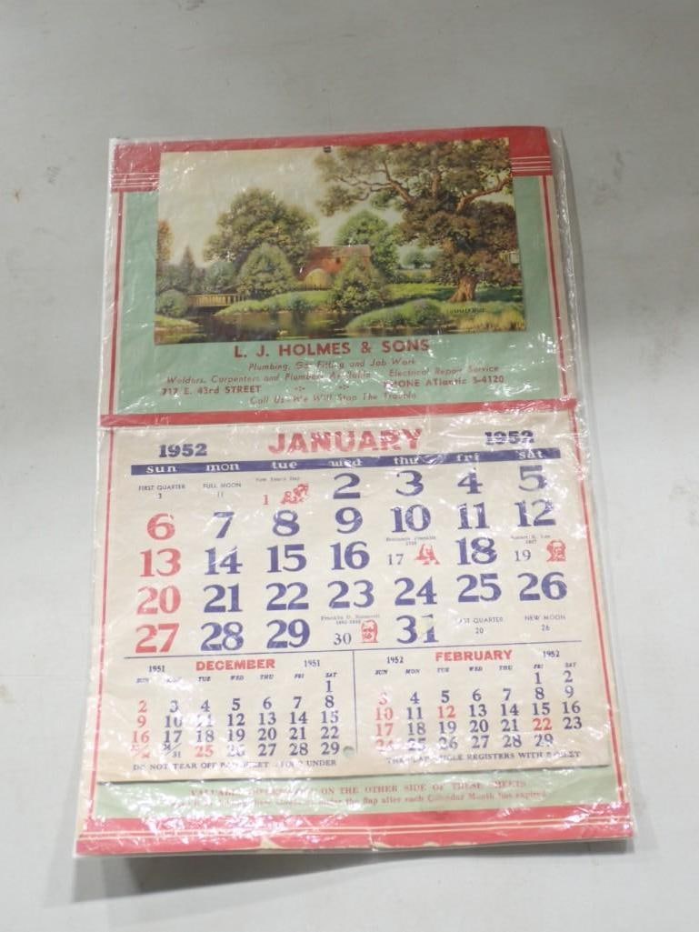 1952 L.J. Holmes & Sons Calendar: 1952 L.J. Holmes & Sons Advertising Promotional Calendar