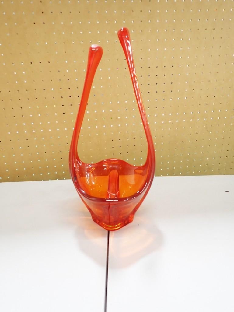 MCM Viking Glass Epic 15" Basket Vase Persimmon Orange Vintage Mid Century Mod: Vintage MCM Viking Glass Epic 15" Basket Vase Persimmon Orange