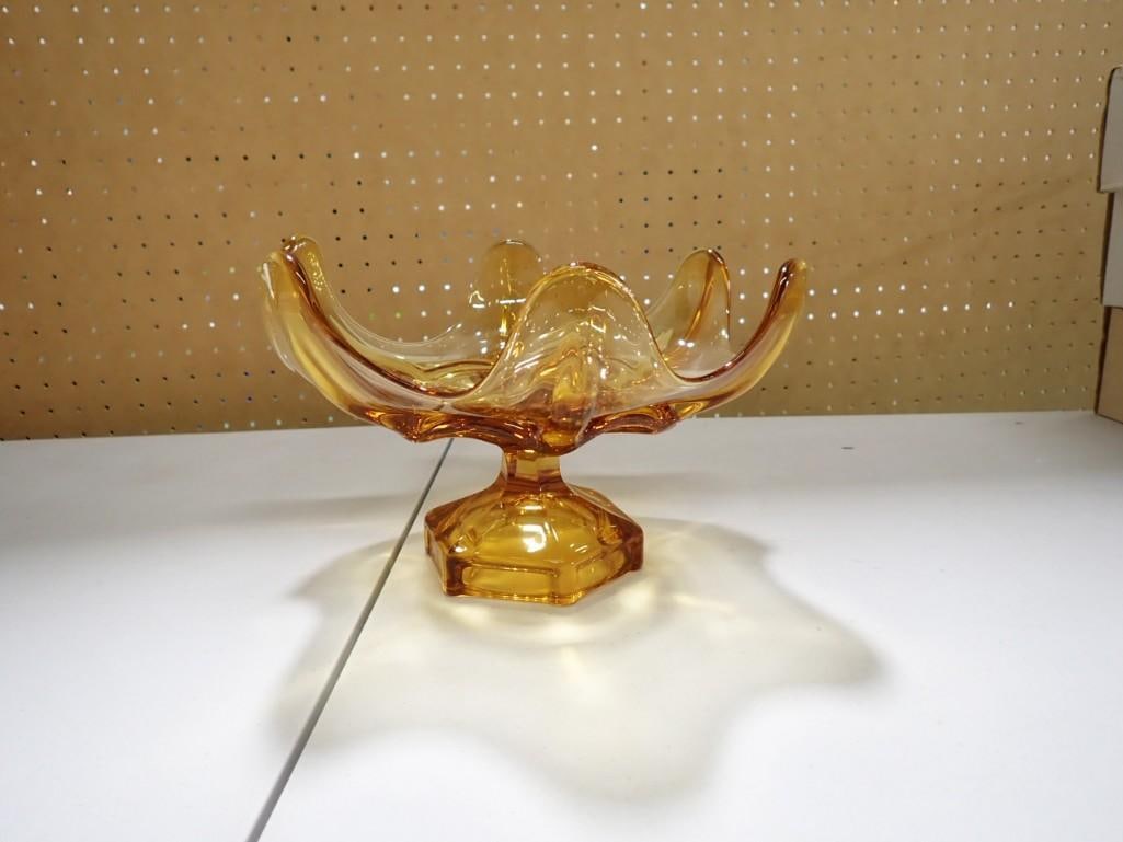 MCM Amber Viking Glass Epic Centerpiece Bowl Footed Base Vintage Mid Century Mod (1 of 4)