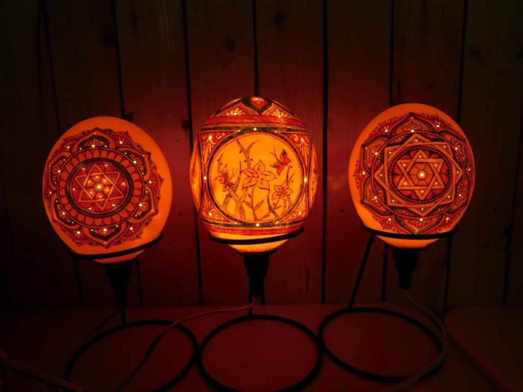 3 Hand Painted Ostrich Egg Lamps Artist Signed on Stands (1 of 9)