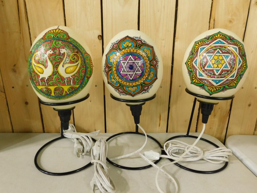 3 Hand Painted Ostrich Egg Lamps Artist Signed on Stands (1 of 8)