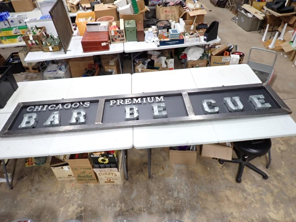 Large Steampunk Chicago's Premium Barbecue Sign: Large Steampunk Chicago's Premium Barbecue Sign - this is a hand made extremely heavy sign with a heavy metal welded frame. Measures roughly 132"x25"x3" The lights in the letters are n