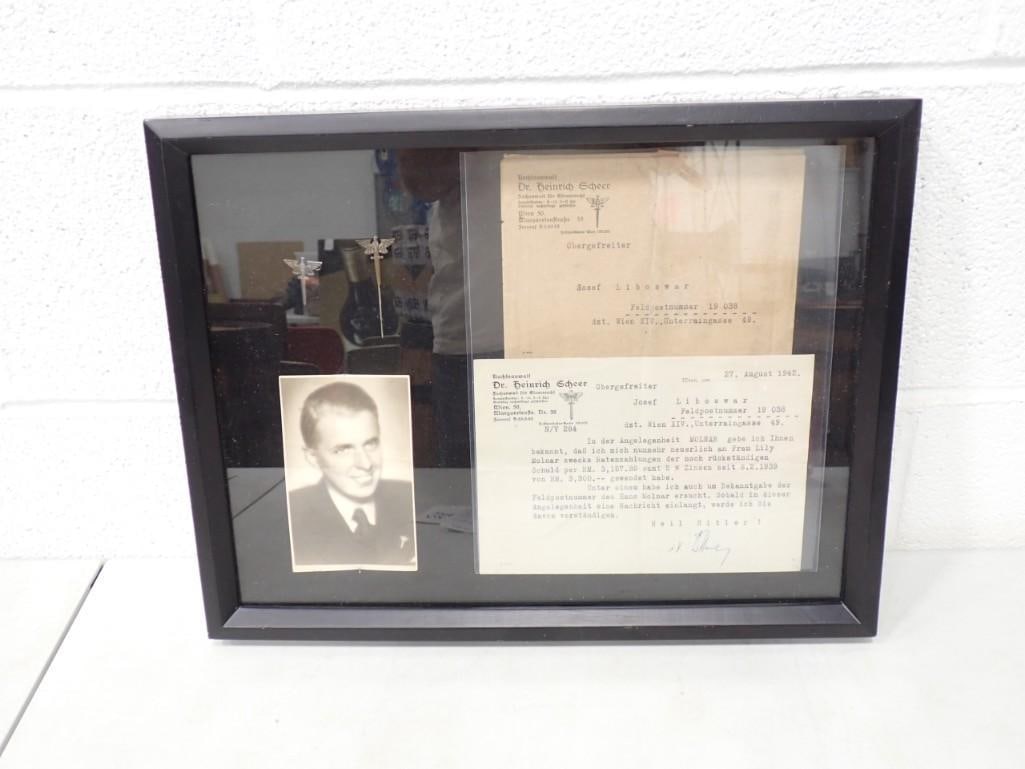 Framed World War 2 German Judicial Items including Lapel Pin, Stick Pin, (1 of 7)