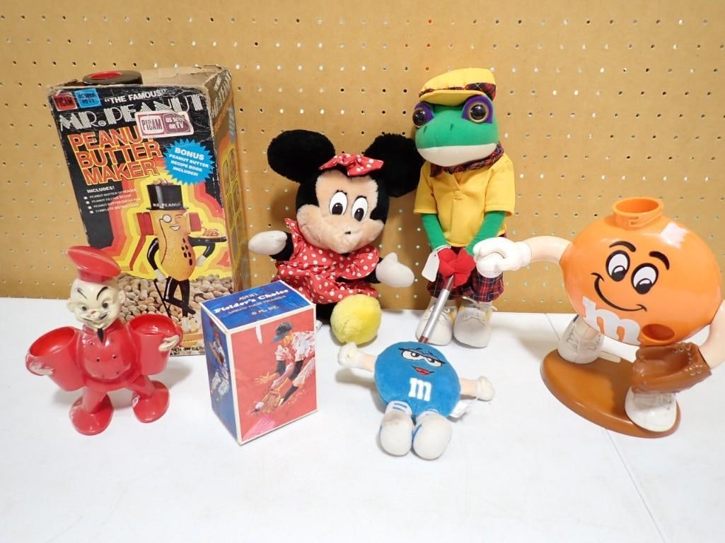 Toy Lot including M&Ms Mr. Peanut, Disney, Salt and Pepper Shaker French Chef, etc. (1 of 10)