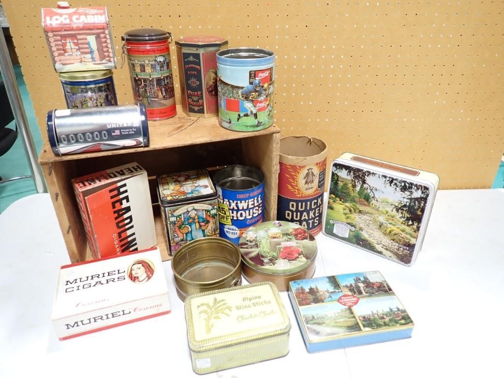 Assorted Tins and boxes including Maxwell House, Cigar boxes, United Airlines, Coca Cola, Log Cabin, (1 of 10)