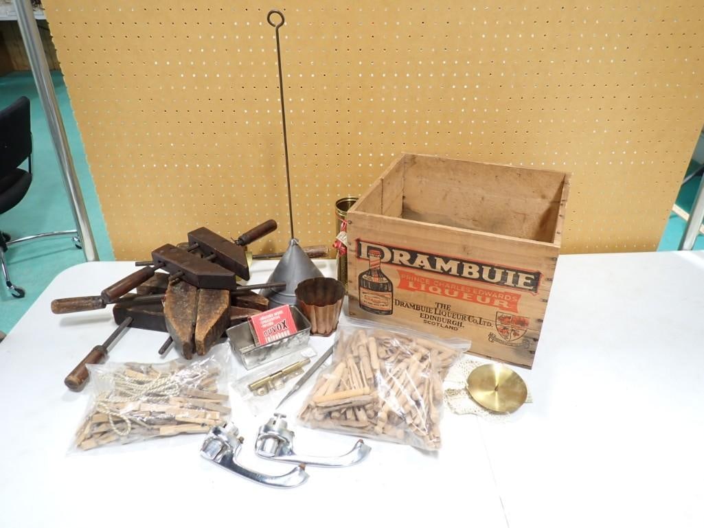 Vintage Collectibles lot including Drambuie Liqueur box, Wooden Clamps, Clothes pins, handles, etc. (1 of 11)