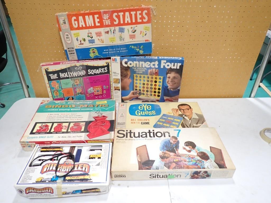 Board Game lot including Eye Guess, Connect 5, Train Set, Situation 7, Bingo-Matic, Game of States (1 of 9)