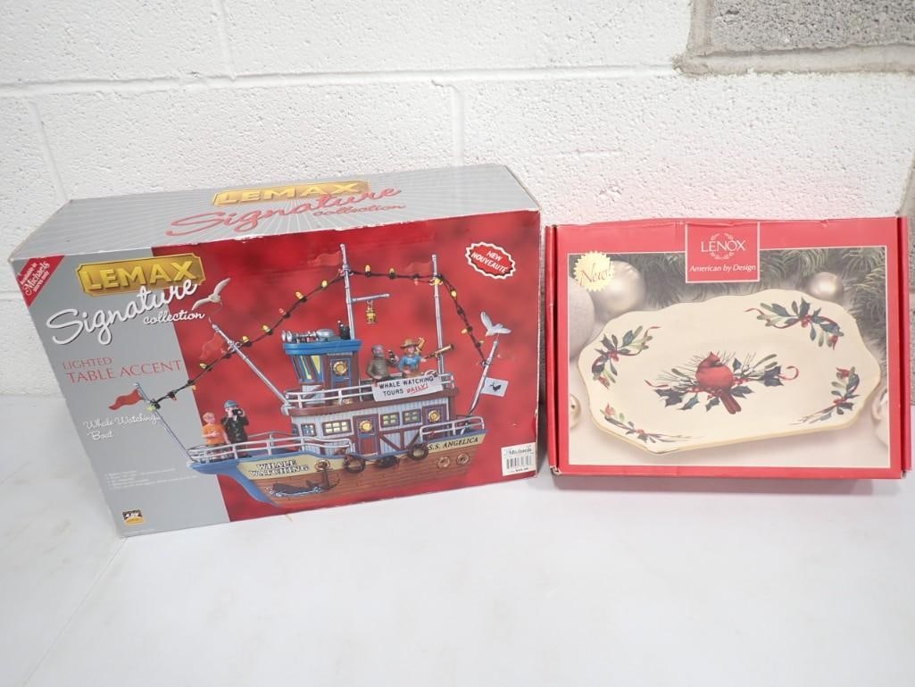 Lemax Signature Collection Whale Watching Boat and Lenox Cardinal Christmas Platter with boxes: Lemax Signature Collection Whale Watching Boat and Lenox Cardinal Christmas Platter with boxes