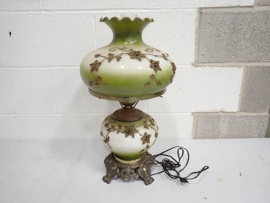 Vintage Milk Glass Lantern Style Lamp with metal flower design: Vintage Milk Glass Lantern Style Lamp with metal flower design