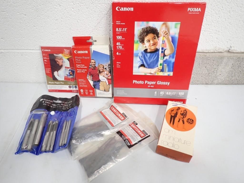 Misc. Lot including Photo paper, hole punch set, Hex key sets, Vintage GE Radio with box (1 of 12)