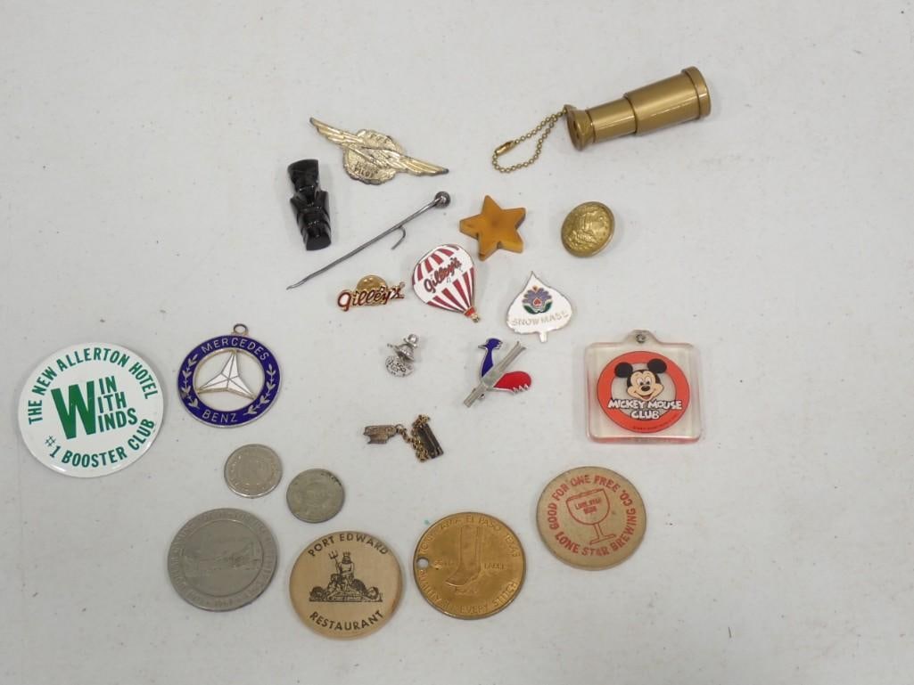 Smalls lot including Vintage Pins, Wooden nickels, Buttons, etc.: Smalls lot including Vintage Pins, Wooden nickels, Buttons, etc. Mercedes Benz, Mickey Mouse Club, Snowmass, Pilot wings, Magnifier, etc.