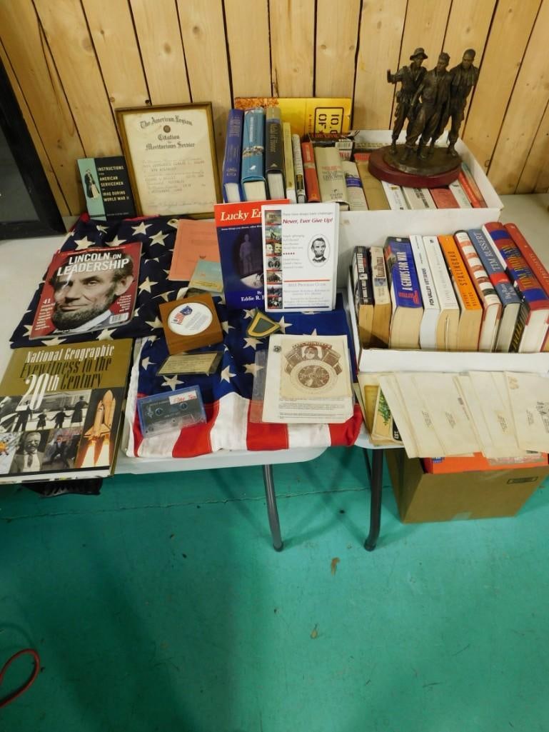 Large history lot including US Flag, Books including Lincoln, War books, Soldier statue with broken (1 of 13)