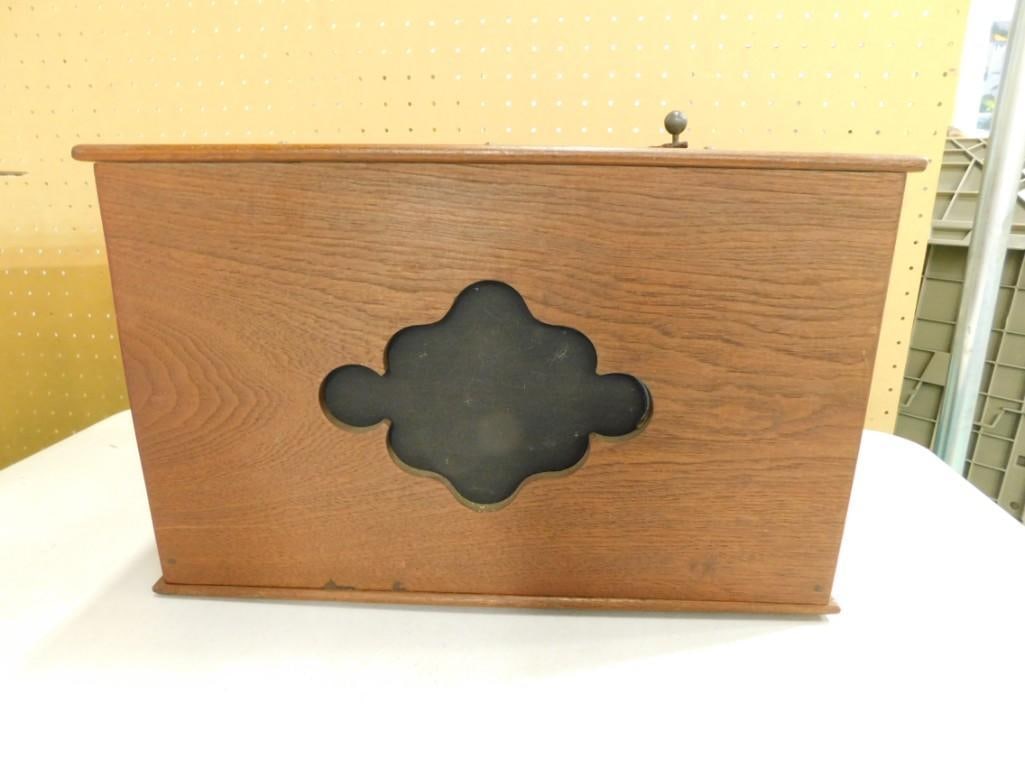 Wood Box with Bell Inside: Wood Box with Bell Inside . Flick the lever and the bell dings . 14.5" x 9" x 10"