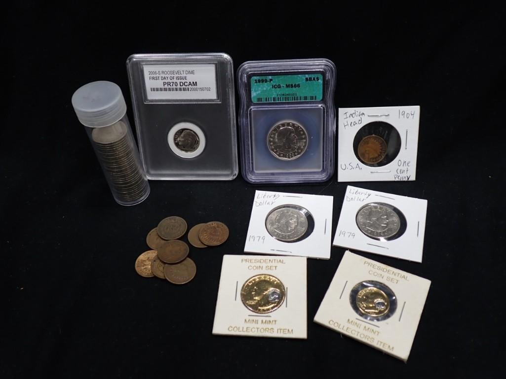 Coin Lot incl 1999-P Susan B Anthony Graded ICG-MS66, Graded Roosevelt Dime, 1904 Indian Head Penny, (1 of 14)