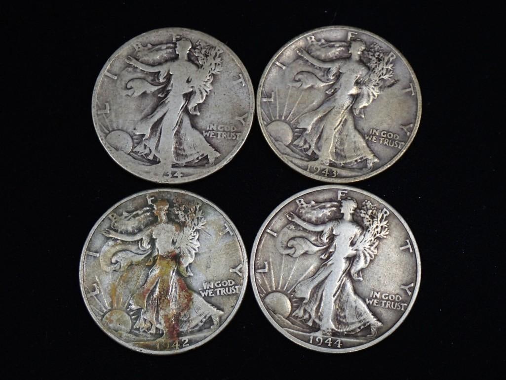 4 Walking Liberty Half Dollars incl 1934, 1942, 1943, 1944 .  All 90% Silver (1 of 6)