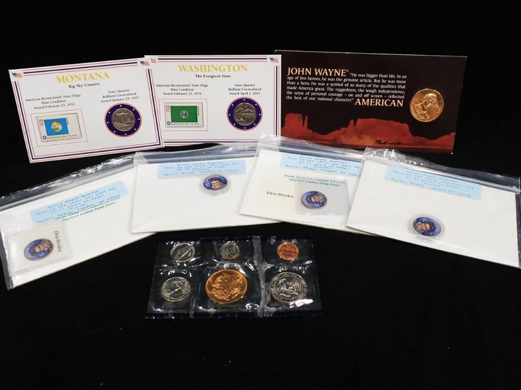Coins incl 4 Elvis Presley State Quarters, John Wayne Penny, Washington and Montana Quarters: Coins incl 4 Elvis Presley State Quarters, John Wayne Penny, Washington and Montana Quarters, etc