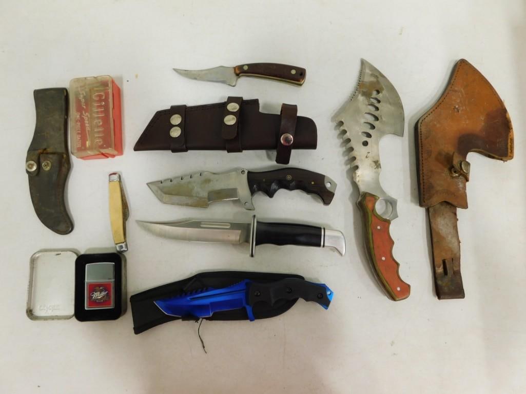 Knives with Sheaths, a Lighter, Axe with Sheath, etc: Knives with Sheaths, a Miller Beer Lighter, Axe with Sheath, Pocket Knife, vintage razor