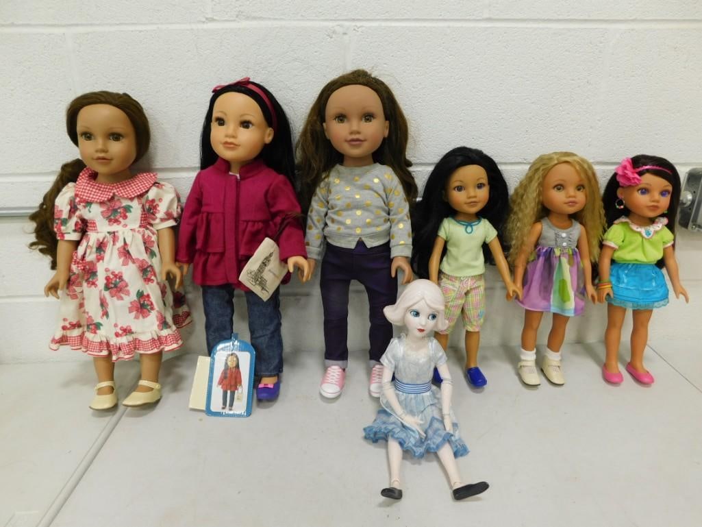 7 Journey Girls, Heart for Hearts & China Dolls Lot: 3 Toys R Us Journey Girls 18" and 3 Playmates Heart for Hearts 14" ethnic dolls and The Great & Powerful Oz China doll lot. Journey Girls can wear American Girl doll clothes. Clean, dresse